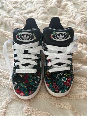 adidas Liberty London Kids Black Floral High-Top Sneakers with White Laces